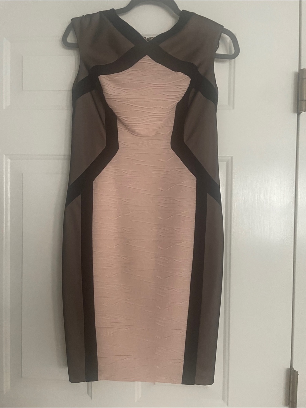 Jax Pink and Taupe Colorblock Midi Sheath with Black Accents